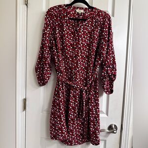The Loft Hearts on Hearts Belted Roll Sleeve Pink/Red Shirt Dress Size 8